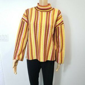 Nine West women's knit top Large mock neck stripe yellow brown long sleeve nwt